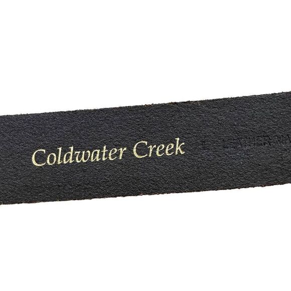 Coldwater Creek leather belt round brass tooled buckle Size L brown boho western - Picture 5 of 9